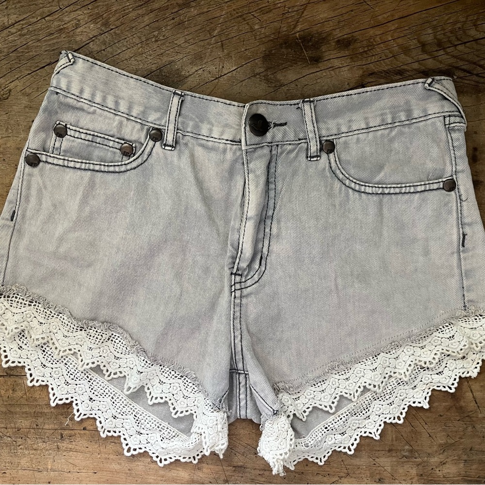 Free People Women's Gray Lace Trim Denim Shorts